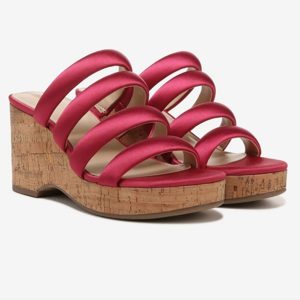 New Sam Edelman Yuki Fuschia Puffy Strap Wedge Cork Sandals Sz 7